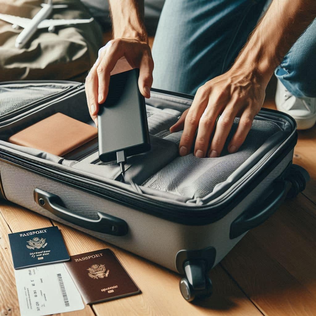 Een handleiding met de regels voor het meenemen van een powerbank in het vliegtuig.