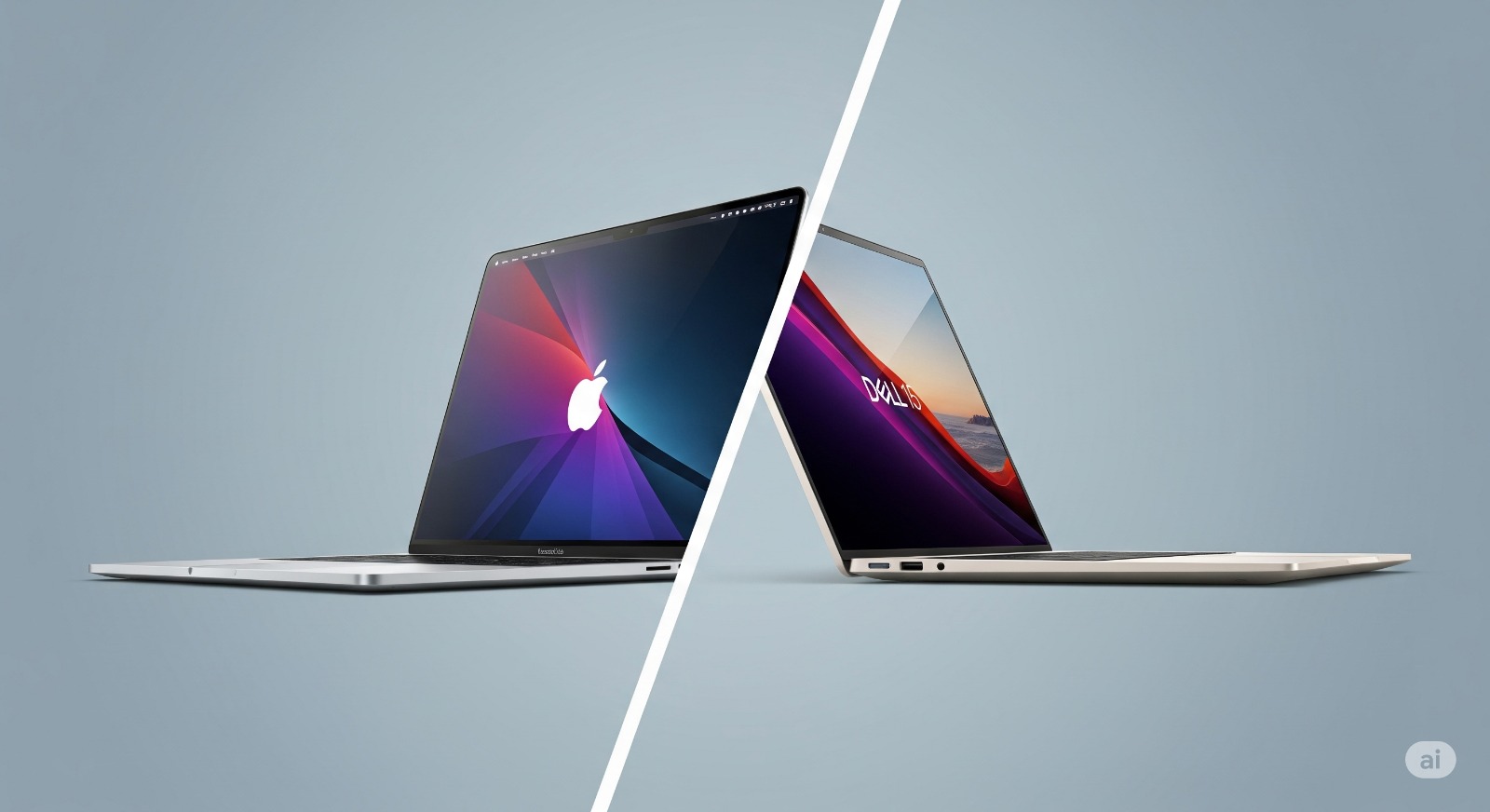 De Apple MacBook Pro en de Dell XPS 15 schuin tegenover elkaar getoond, wat de vergelijking tussen de twee laptops symboliseert.