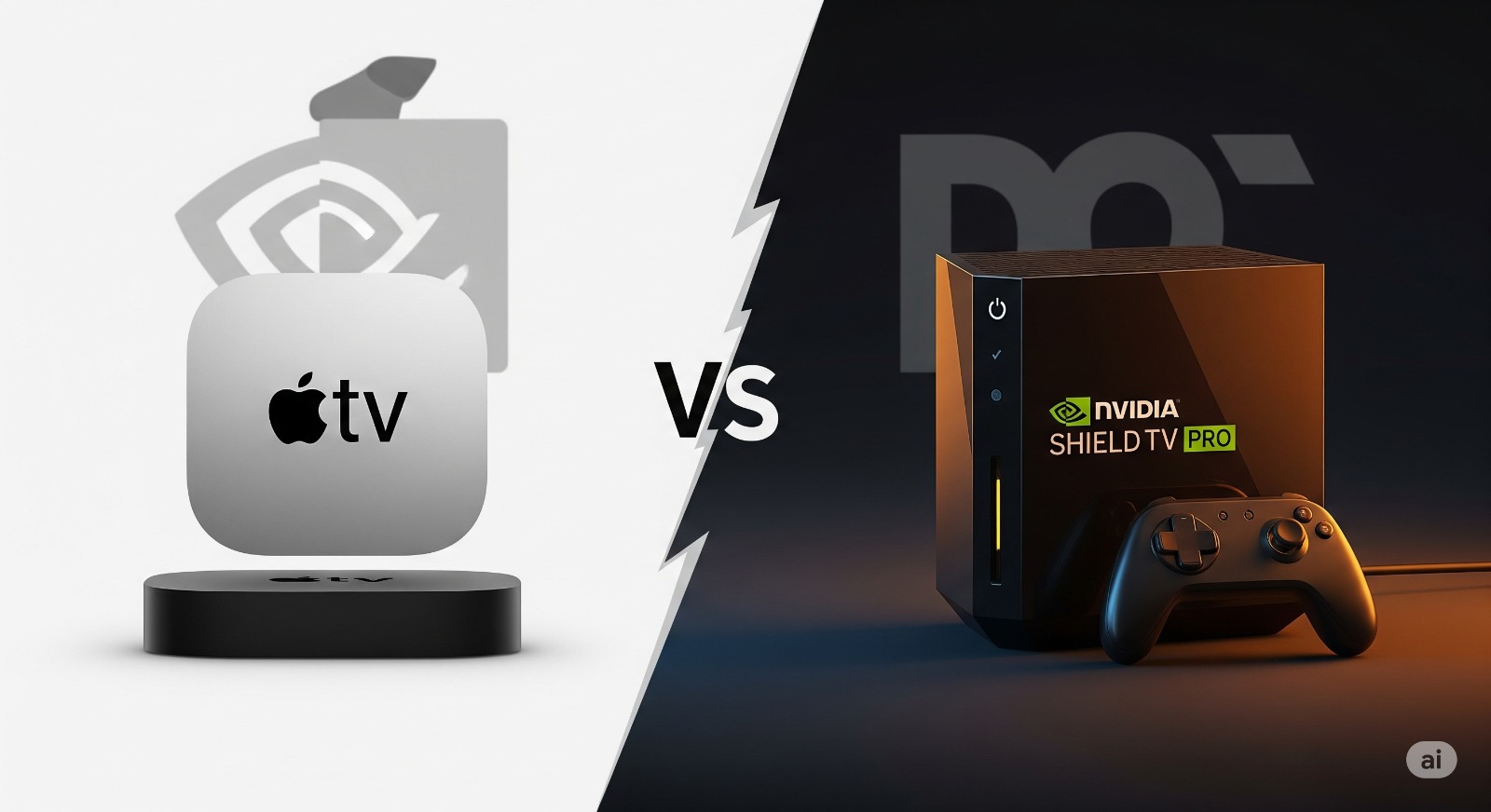 De Apple TV 4K en NVIDIA Shield TV Pro met hun afstandsbedieningen naast elkaar, wat de vergelijking tussen de twee mediaspelers symboliseert.