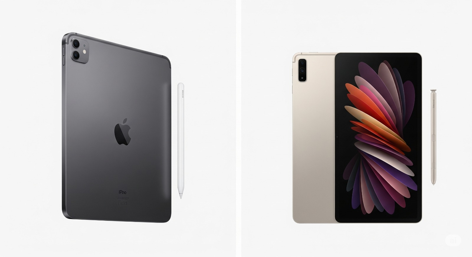 Een tekstloze afbeelding die de Apple iPad Pro (M4) met de Apple Pencil Pro toont tegenover de Samsung Galaxy Tab S9 Ultra met de S Pen.