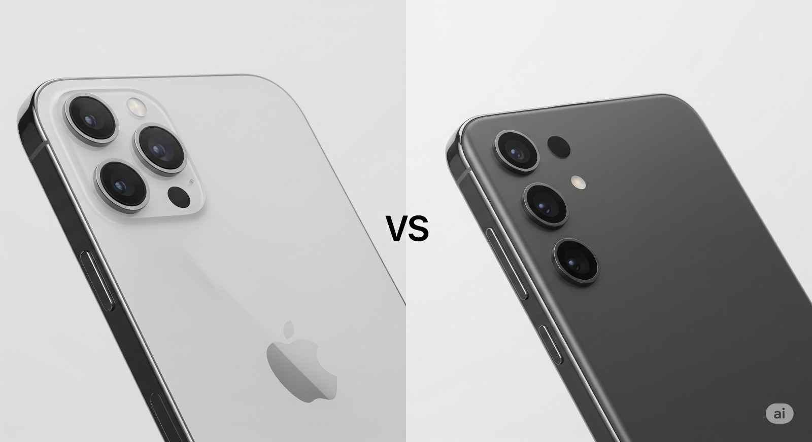 De Apple iPhone 16 en de Samsung Galaxy S25 schuin tegenover elkaar getoond, wat de vergelijking tussen de twee smartphones symboliseert.