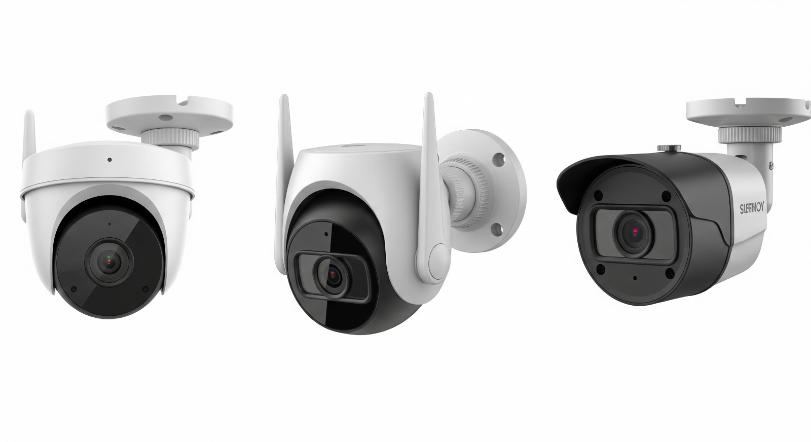 Drie verschillende budget-beveiligingscamera's naast elkaar, die de beste keuzes onder de 100 euro symboliseren.