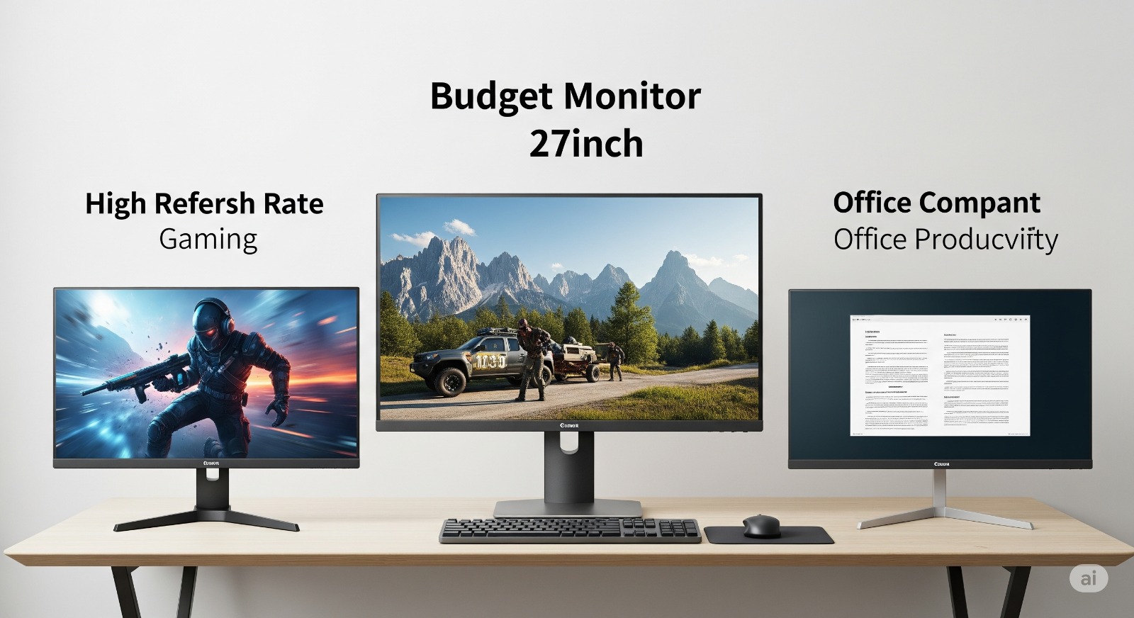 Een tekstloze afbeelding die drie verschillende budget monitoren toont: een grote allrounder, een voor vloeiend beeld, en een compacte kantoormonitor.