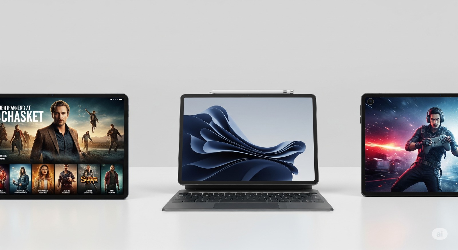 Drie verschillende budget-tablets naast elkaar, die de beste keuzes onder de 300 euro symboliseren.