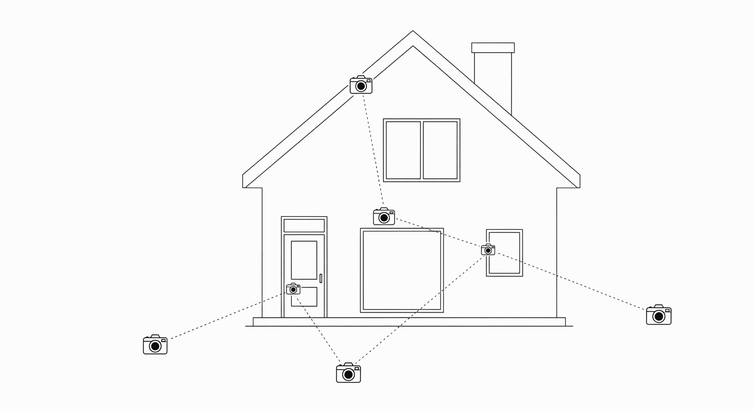 Een tekstloze afbeelding van een huis met iconen die de strategische plekken voor het plaatsen van beveiligingscamera's aanduiden, zoals de voor- en achterdeur.