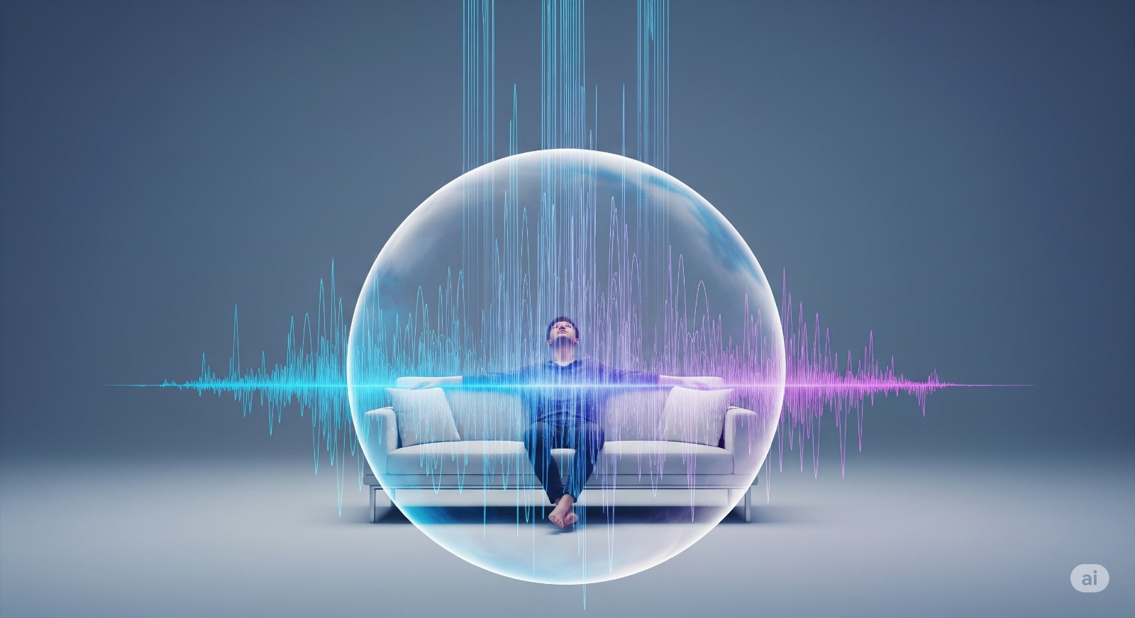 Een persoon op een bank die wordt omringd door geluidsgolven, ook van boven, wat de immersieve 3D-ervaring van Dolby Atmos symboliseert.