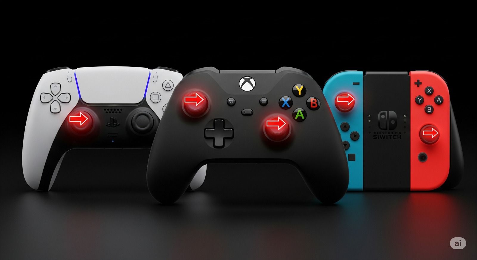 Een gaming controller met een focus op de analoge stick, waarbij een pijl de ongewenste 'drift'-beweging aangeeft.