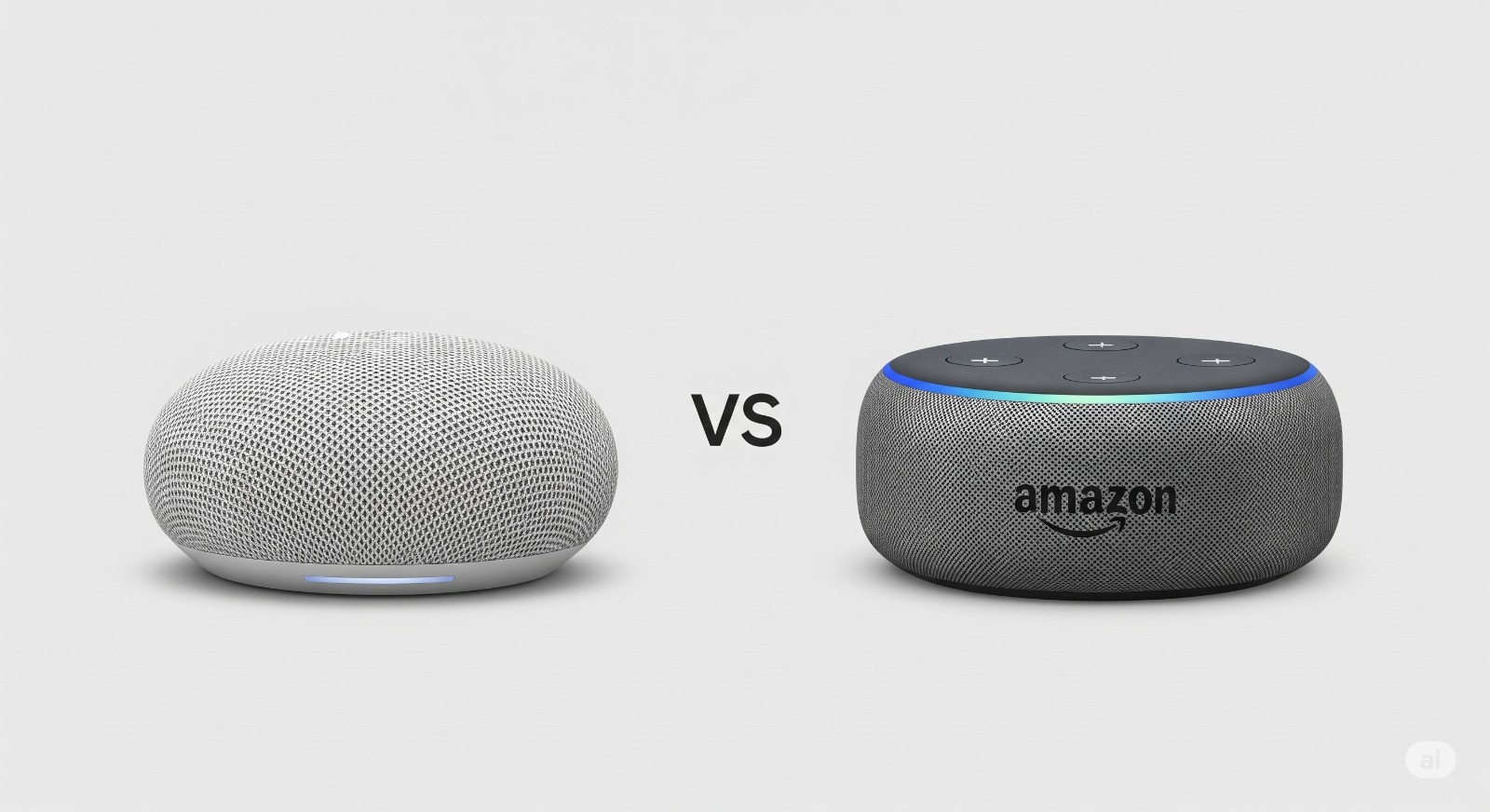 De Google Nest Mini en de Amazon Echo Dot naast elkaar getoond, wat de vergelijking tussen de twee slimme speakers symboliseert.