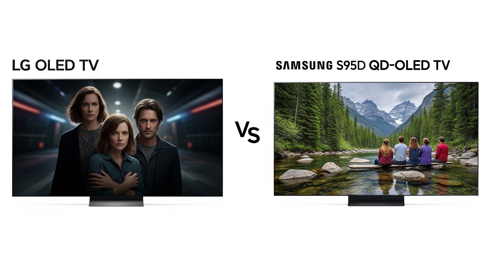 Een vergelijking die het scherm van de LG C4 OLED TV toont naast het scherm van de Samsung S95D QD-OLED TV.