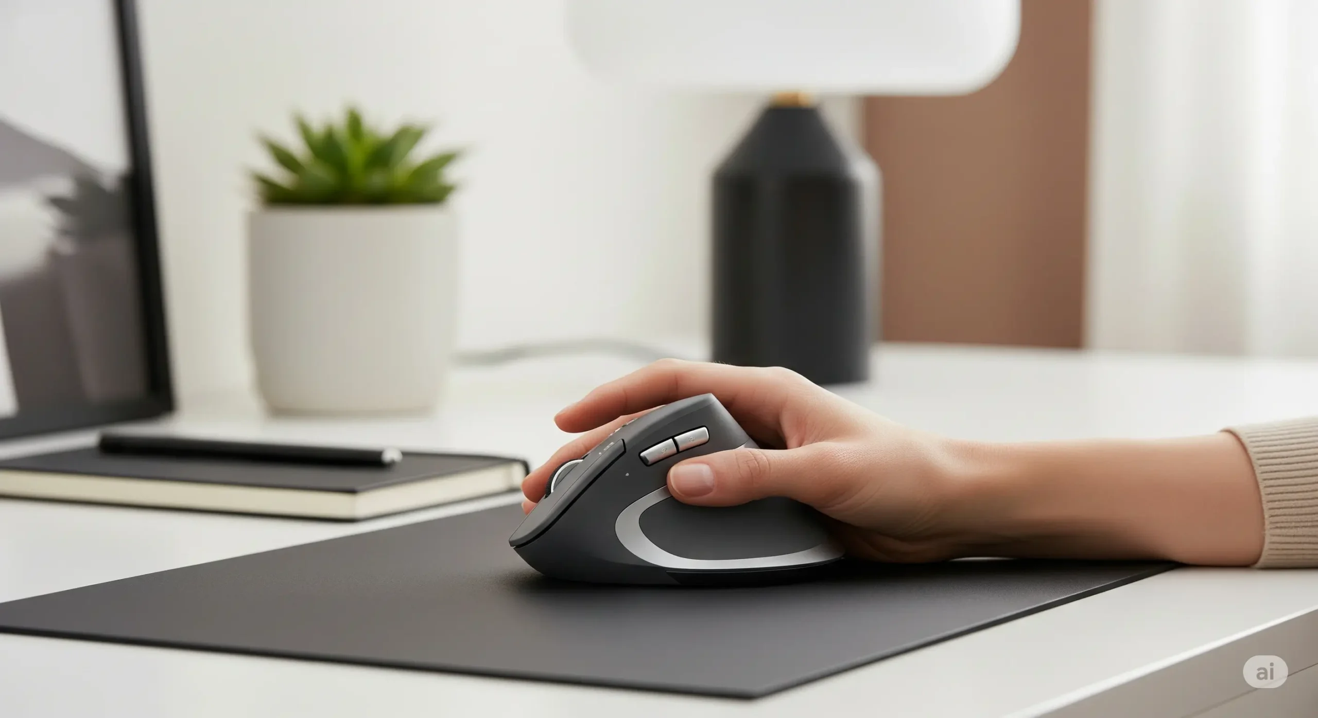 De Logitech Lift Vertical muis op een bureau, waarbij de unieke ergonomische 'handdruk'-positie wordt benadrukt.