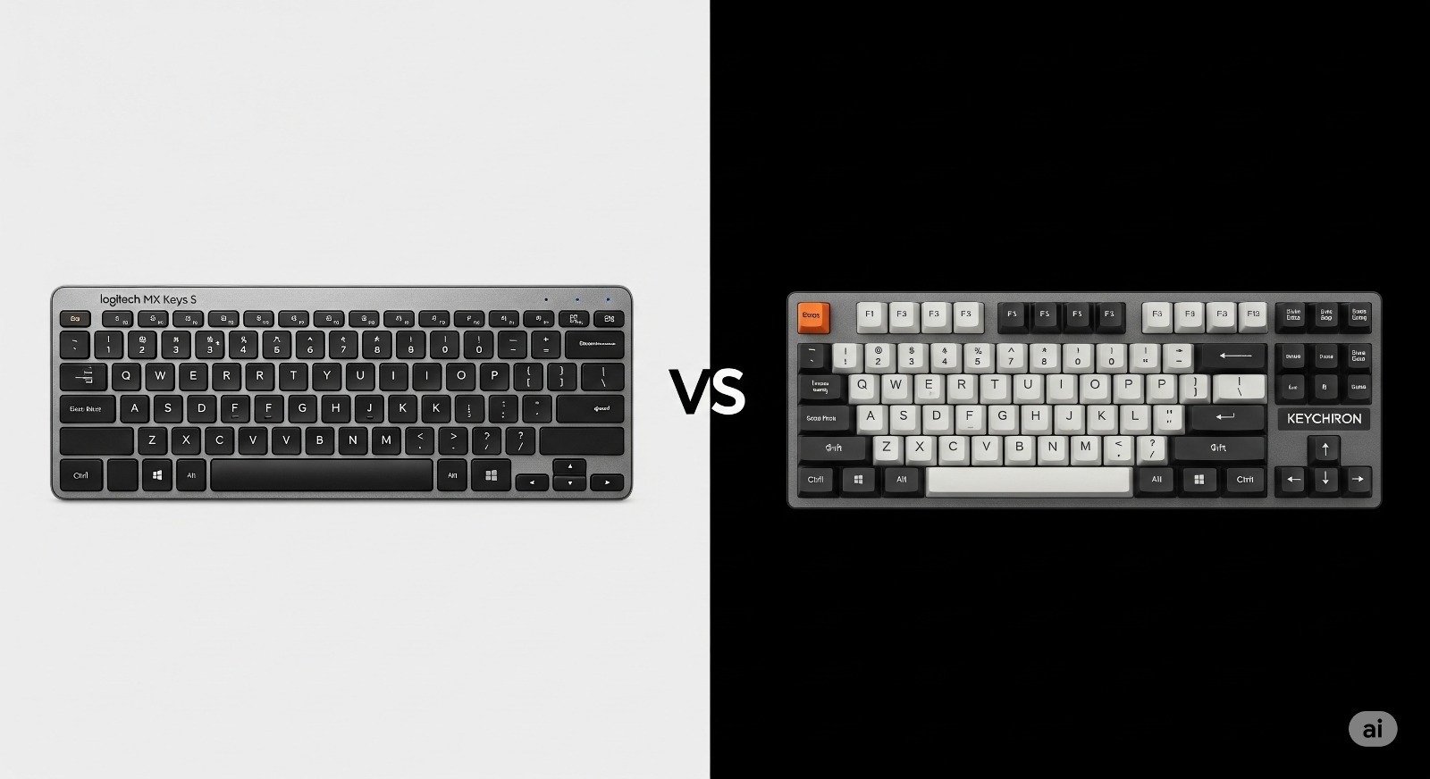 De slanke Logitech MX Keys S en het robuuste, mechanische Keychron Q1 Pro toetsenbord schuin tegenover elkaar getoond.