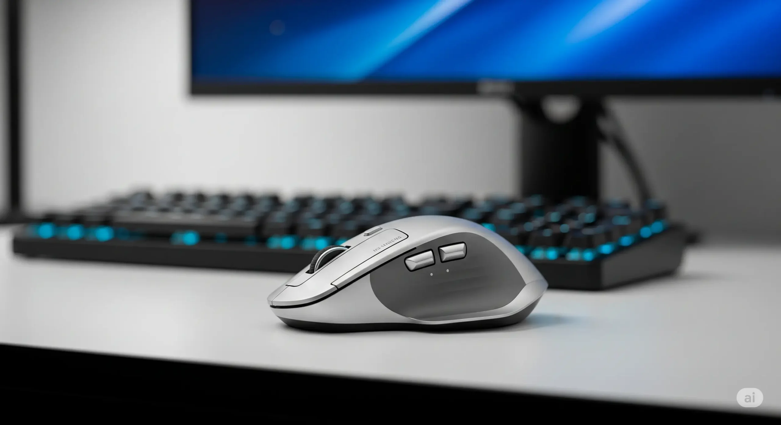 De Logitech MX Master 3S muis in een professionele bureau-opstelling, wat de focus op productiviteit en ergonomie benadrukt.