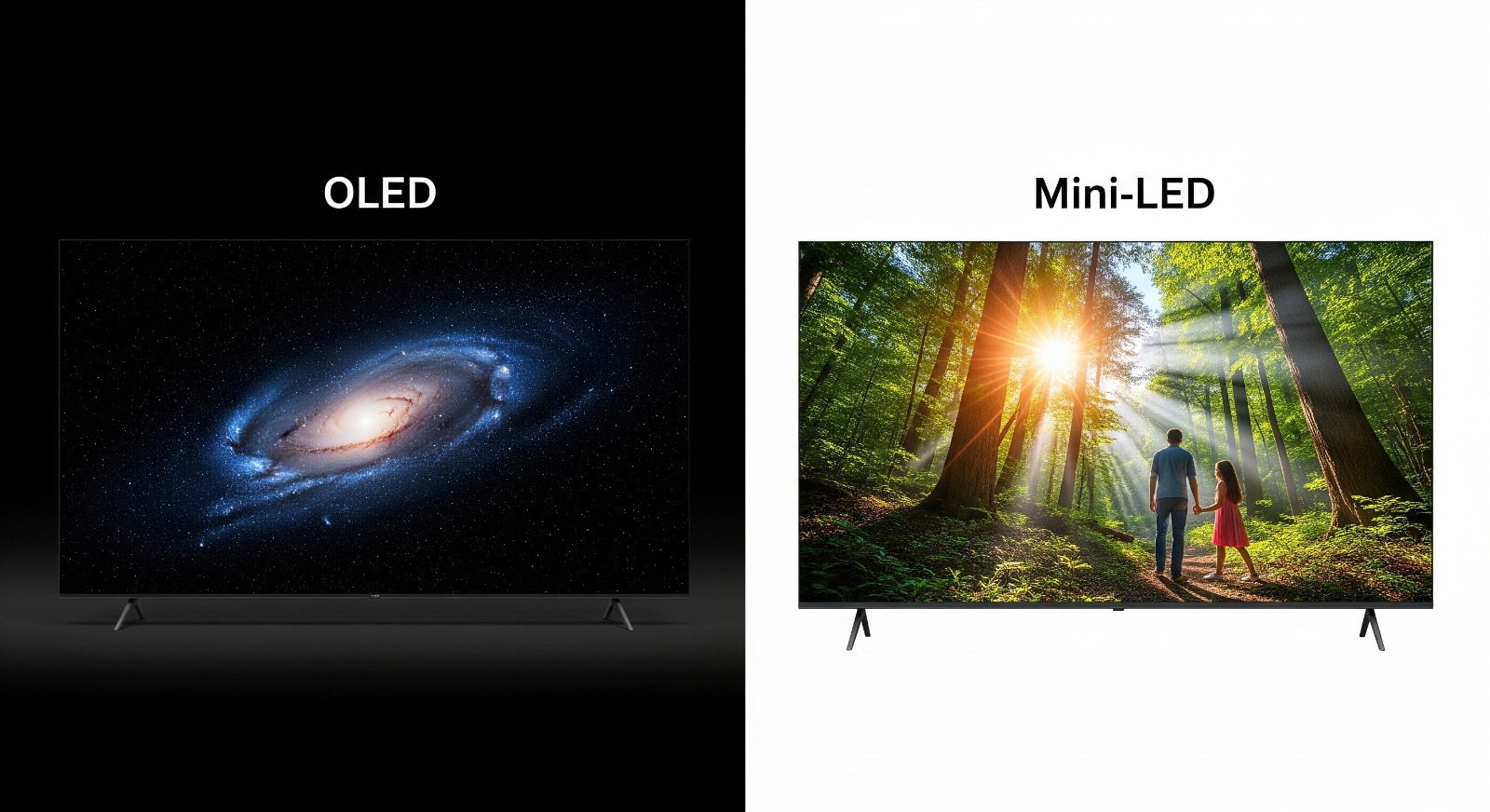 Een vergelijking die het verschil toont tussen een OLED-scherm met perfecte zwartwaarden en een helder, levendig Mini-LED scherm.