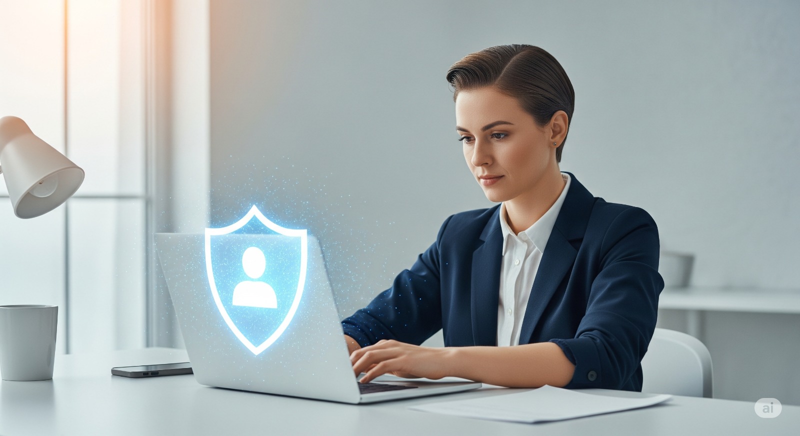 Een persoon die op een laptop werkt, met een schild-icoon dat over het scherm wordt geprojecteerd om online privacy en veiligheid te symboliseren.