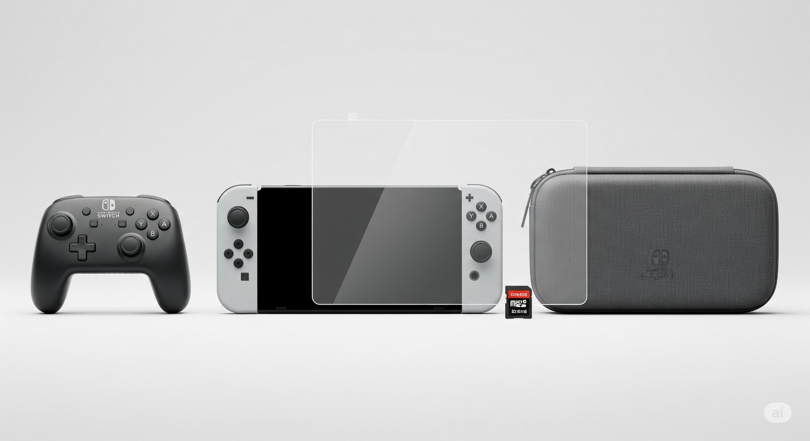 De Nintendo Switch 2 omringd door onmisbare accessoires zoals een Pro Controller, een reishoes en een microSD-kaart.