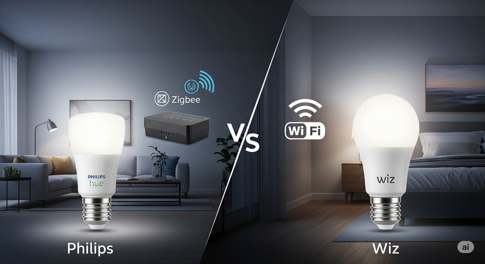Een vergelijking tussen een Philips Hue lamp met de Hue Bridge en een Wiz lamp met een Wi-Fi icoon, wat het verschil in technologie symboliseert.
