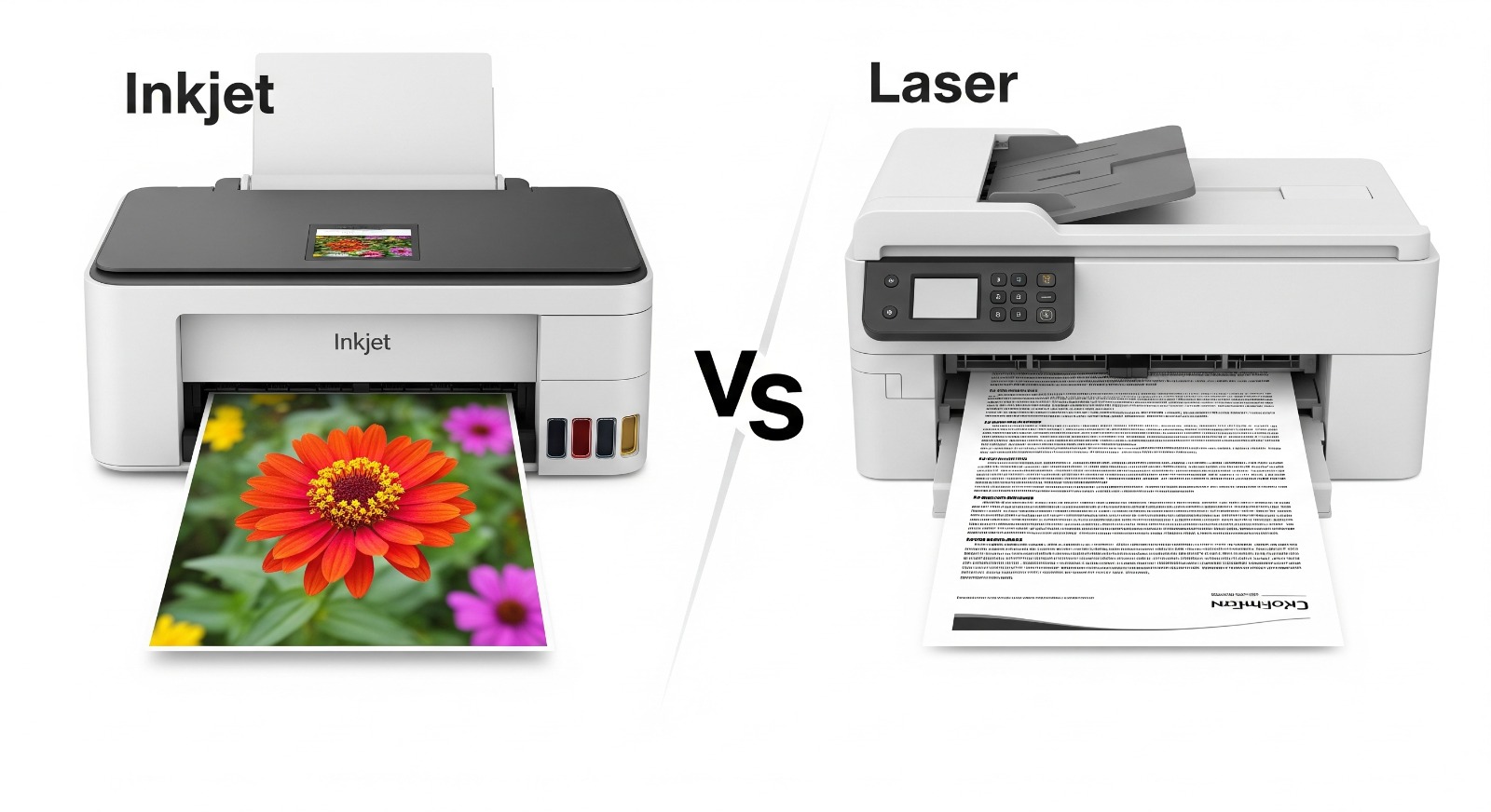Een tekstloze infographic die het verschil toont tussen een inkjetprinter die een kleurrijke foto print en een laserprinter die een scherp tekstdocument print.