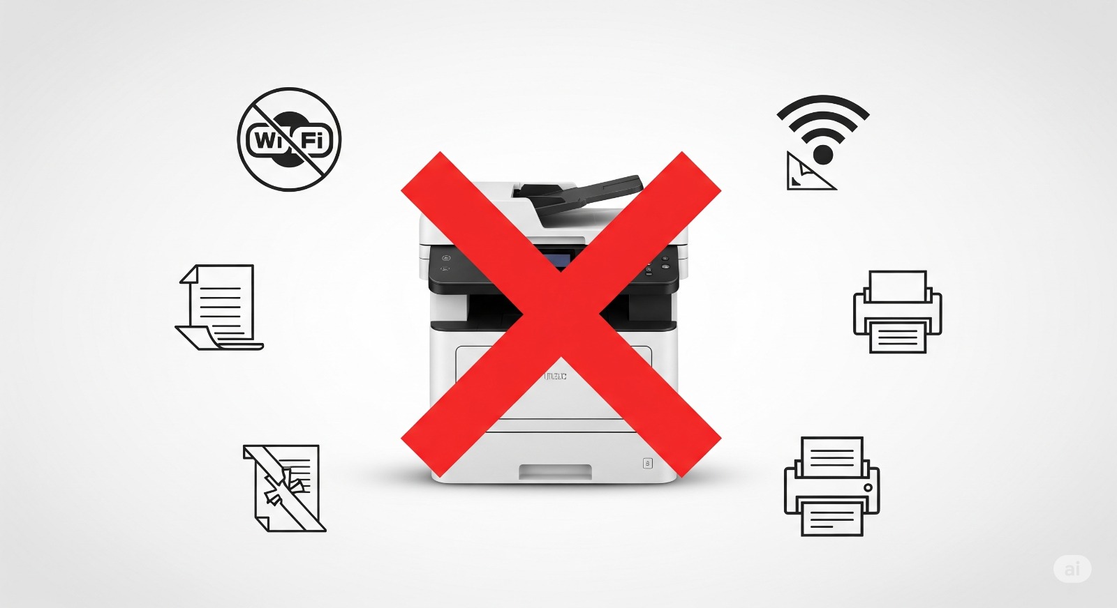 Een printer met een rood kruis erdoorheen, wat symboliseert dat hij niet print, met iconen voor veelvoorkomende problemen zoals een wifi-storing en een vastgelopen printopdracht.