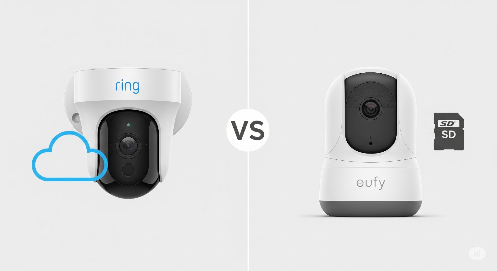 Een vergelijking tussen een Ring beveiligingscamera met een cloud-icoon en een Eufy camera met een SD-kaart-icoon, wat het verschil in opslag symboliseert.