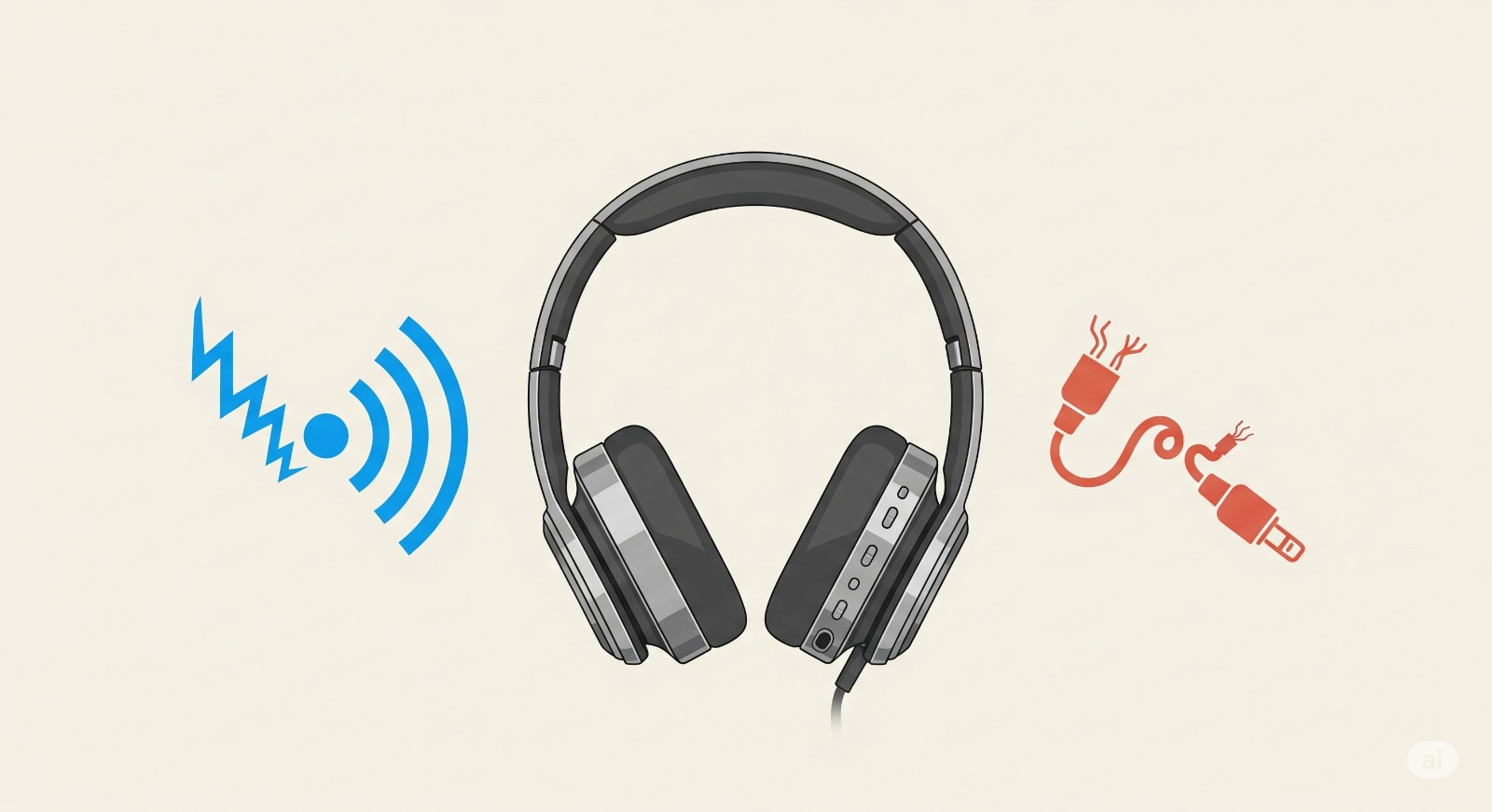 Een koptelefoon met geluidsgolven die een storende ruis symboliseren, met iconen voor Bluetooth-interferentie en een slechte kabelaansluiting.