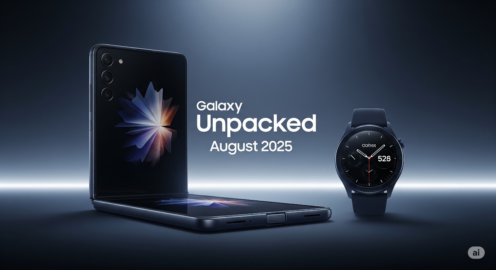 Een gestileerde afbeelding met de silhouetten van een opvouwbare telefoon en een smartwatch, met het Samsung Unpacked 2025 logo.