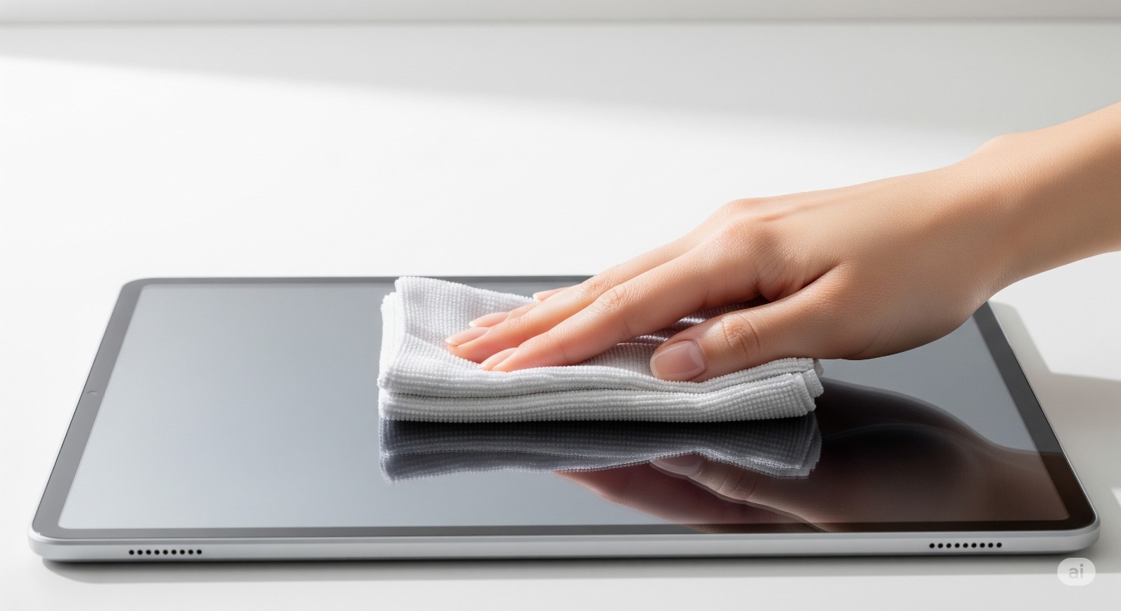 Een microvezeldoek die een scherm van een modern apparaat schoonmaakt, wat de juiste reinigingsmethode symboliseert.