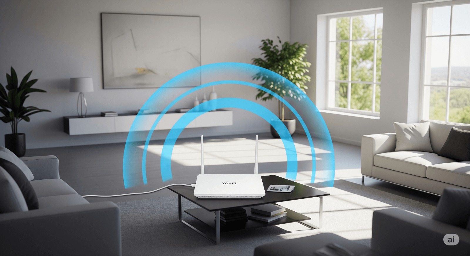 Wifi-router in een woonkamer die een sterk, stabiel signaal uitzendt als resultaat van het toepassen van tips om het thuisnetwerk te verbeteren.