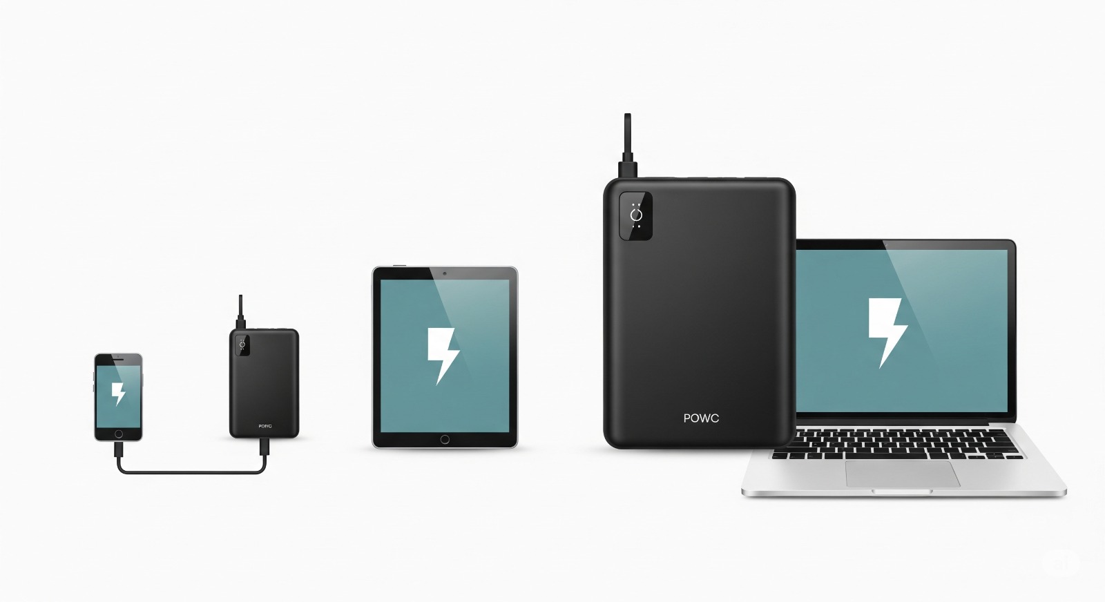 Infographic die laat zien hoeveel mAh een powerbank nodig heeft om een smartphone, tablet of laptop op te laden, met iconen voor elke capaciteit.
