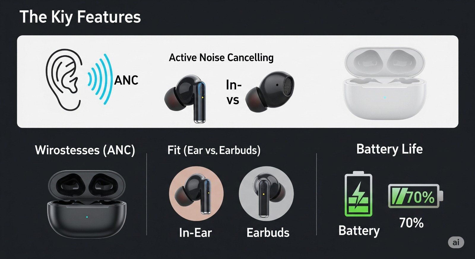 Infographic die de belangrijkste features van draadloze oortjes uitlegt, zoals ANC, pasvorm en batterijduur.