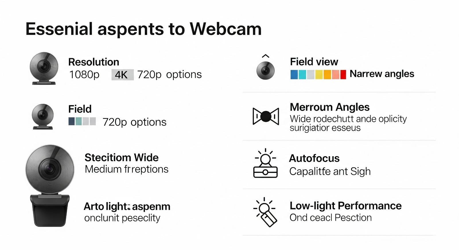 Infographic met iconen die de belangrijkste specificaties van een webcam uitleggen, zoals resolutie, gezichtsveld en autofocus.