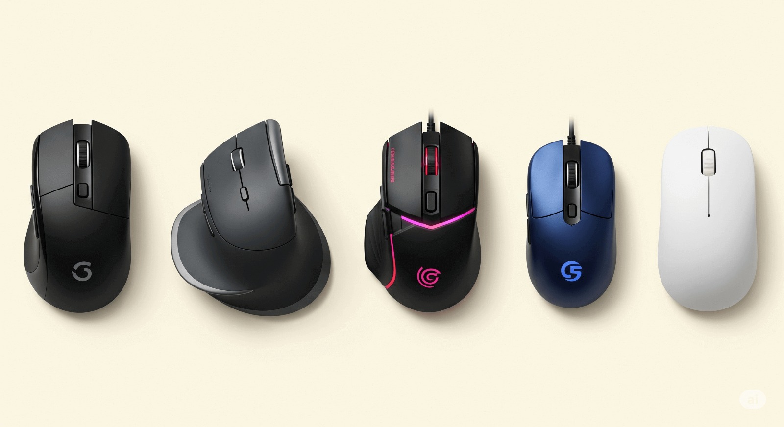 De vijf beste muizen van 2025 naast elkaar getoond, waaronder modellen voor gaming, ergonomie en productiviteit.