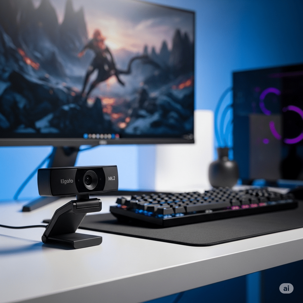 De Elgato Facecam MK.2 in een streaming-opstelling, uitgelicht in de review.