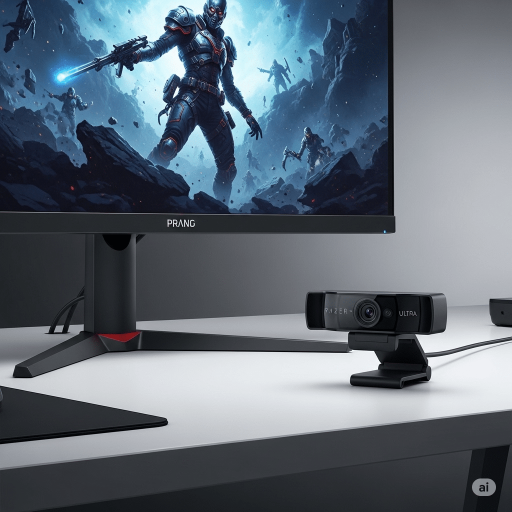 De Razer Kiyo Pro Ultra webcam op een bureau, uitgelicht in de review.